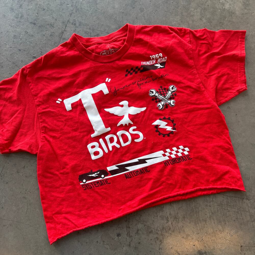 Vintage Y2k Grease Thunderbird Red Lightning Graphic Crop Tee Women's Large